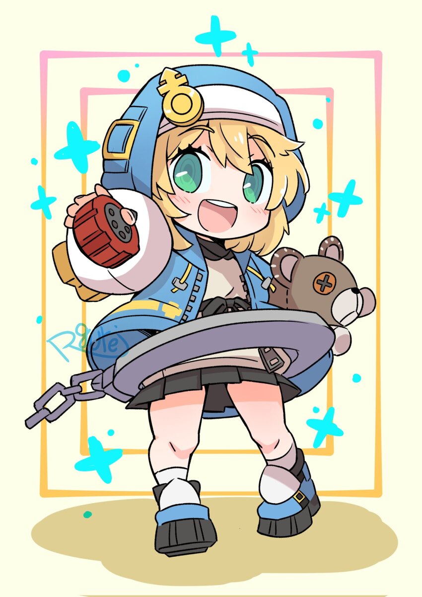 1boy androgyne_symbol aqua_eyes black_skirt blonde_hair blush bridget_(guilty_gear) chibi cuffs full_body green_eyes guilty_gear guilty_gear_strive habit handcuffs highres hood hood_up hooded_jacket hoodie jacket long_sleeves looking_at_viewer male_focus medium_hair open_clothes open_hoodie open_mouth pleated_skirt puffy_long_sleeves puffy_sleeves rgurei0529 roger_(guilty_gear) skirt smile standing stuffed_animal stuffed_toy teddy_bear trap yo-yo