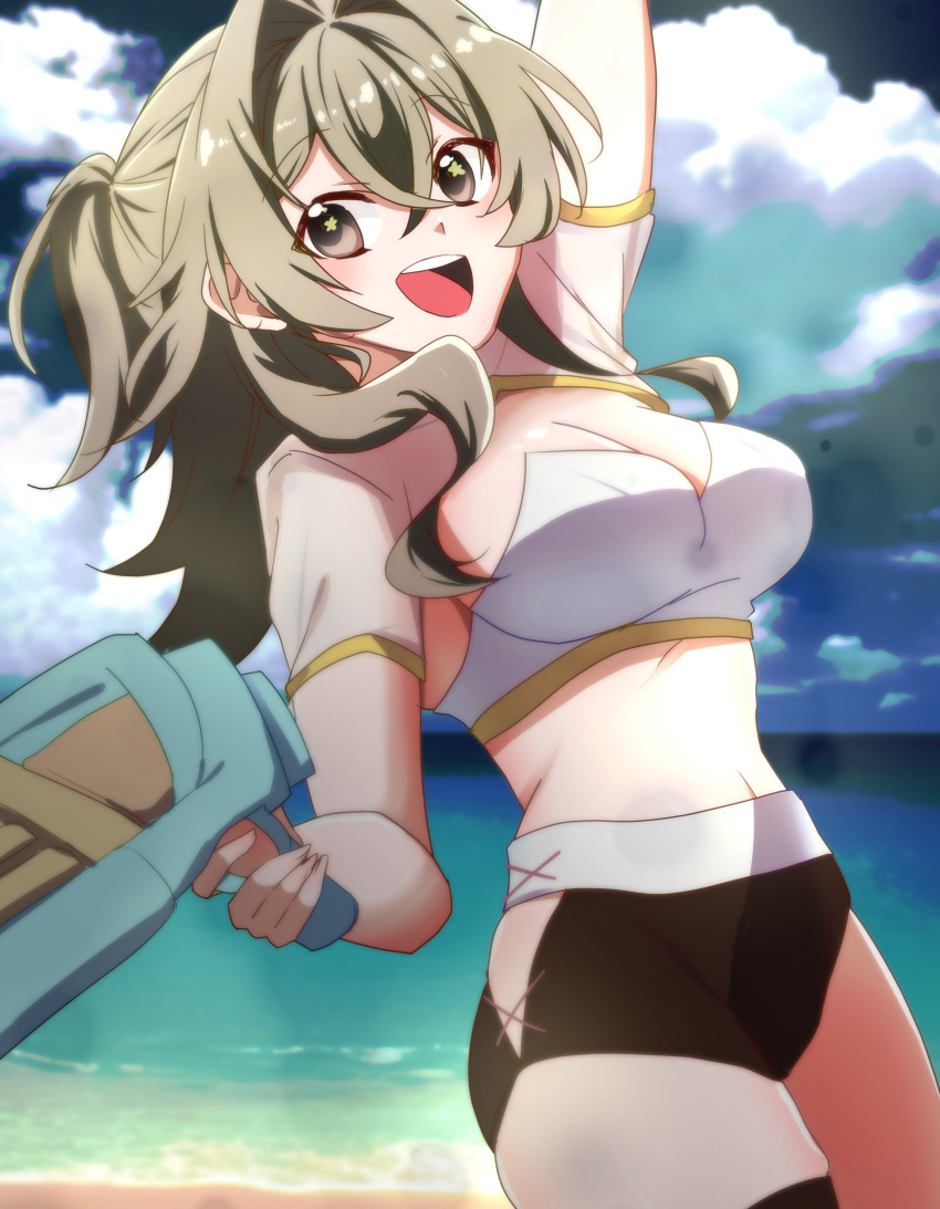 1girl absurdres anime_coloring beach bikini breasts brown_hair brown_shorts cleavage commentary_request grey_eyes hair_intakes highres holding holding_water_gun honkai_(series) honkai_impact_3rd large_breasts medium_hair midriff ocean official_alternate_costume open_mouth outdoors sand satoyukitowa shorts solo swimsuit thighs vill-v water_gun white_bikini