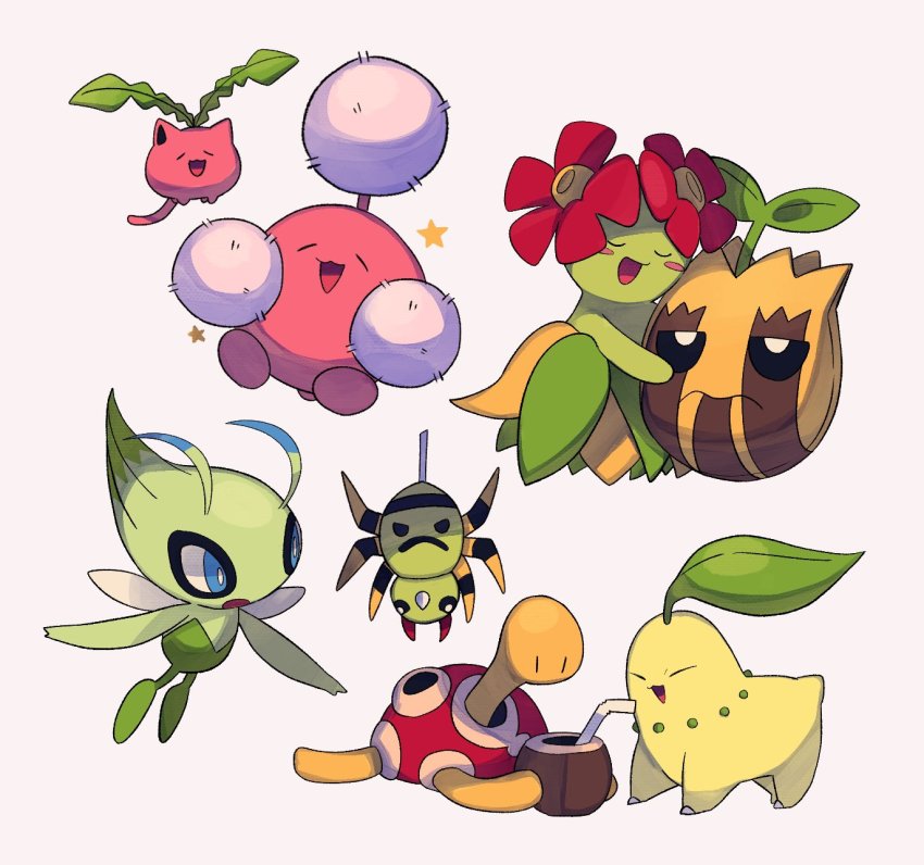 :d alternate_color bellossom blue_eyes blush_stickers bright_pupils celebi chikorita closed_eyes commentary_request cup drinking_straw gen_2_pokemon highres holding hoppip hug jumpluff legendary_pokemon mythical_pokemon nintendo no_humans open_mouth pokemon pokemon_(creature) shiny_pokemon shuckle simple_background smile spinarak star_(symbol) sunkern tongue tyako_089 u_u white_background white_pupils