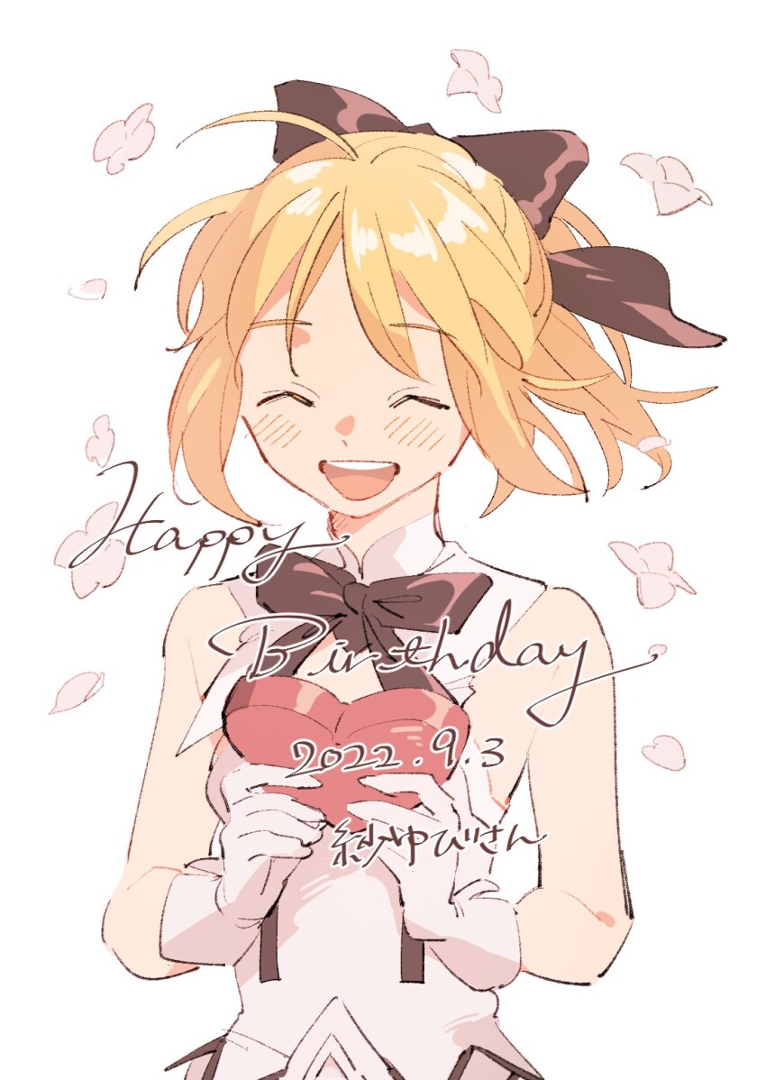 1girl artoria_pendragon_(fate) black_bow blonde_hair bow box closed_eyes commentary_request dated dress duck11_rp fate/grand_order fate_(series) gift gloves hair_bow happy_birthday heart-shaped_box highres holding holding_gift open_mouth petals saber_lily smile solo translation_request upper_body white_dress white_gloves