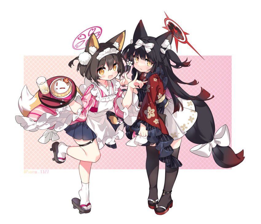 2girls alternate_costume alternate_hairstyle animal_ear_fluff animal_ears apron black_hair black_nails black_thighhighs blue_archive blue_skirt bow brown_hair chopsticks closed_mouth commentary_request fang floral_print food fox_ears fox_girl fox_shadow_puppet fox_tail frilled_sleeves frills geta glass gradient_hair hair_bow halo highres holding holding_tray izuna_(blue_archive) japanese_clothes kimono long_hair long_sleeves looking_at_viewer maid maid_apron maid_headdress multicolored_hair multiple_girls nail_polish o-ring o-ring_thigh_strap omelet omurice open_mouth outside_border pigeon-toed pink_kimono pleated_skirt red_hair red_kimono sandals saru short_hair skin_fang skirt smile standing standing_on_one_leg striped_clothes striped_kimono tabi tail tail_bow tail_ornament thigh_strap thighhighs tray twitter_username two_side_up very_long_hair wa_maid wakamo_(blue_archive) white_apron white_bow wide_sleeves zouri