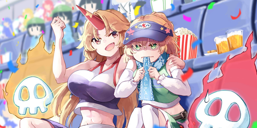 6+girls :d abs alcohol beer biting biting_clothes black_hair bleachers blonde_hair blue_scarf blurry breasts cheerleader clenched_hand confetti deetamu depth_of_field detached_sleeves fang fire flaming_skull floating_skull food game_cg green_hair green_shirt green_skirt hand_on_another&#039;s_shoulder hat high_ponytail highres horns hoshiguma_yuugi large_breasts long_hair medium_hair midriff mizuhashi_parsee mizuhashi_parsee_(jealousy-driven_cheering_spirit) multiple_girls navel official_art oni open_mouth paru_paru people pointy_ears ponytail popcorn red_eyes red_horns scarf shaded_face shirt single_horn sitting skirt skull sleeveless sleeveless_shirt smile socks stadium star_(symbol) third-party_source touhou touhou_lostword upper_body very_long_hair visor_cap white_sleeves white_socks