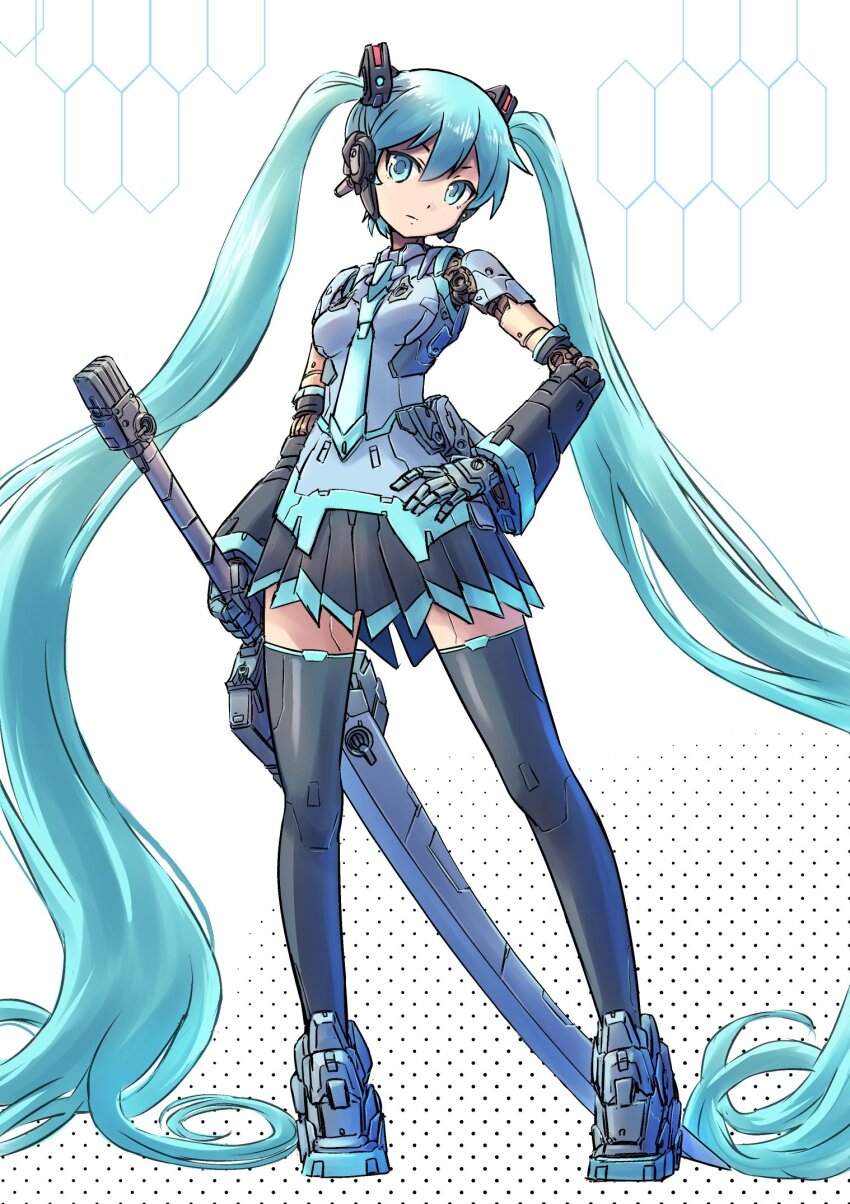 1girl aqua_eyes aqua_hair aqua_necktie black_skirt breasts full_body hand_on_own_hip hatsune_miku headset highres holding holding_sword holding_weapon huge_weapon joints long_hair looking_at_viewer mechanical_arms mechanical_legs miniskirt necktie pleated_skirt robot_girl robot_joints skirt small_breasts solo standing sword tsune_(dreamers_express) very_long_hair vocaloid weapon