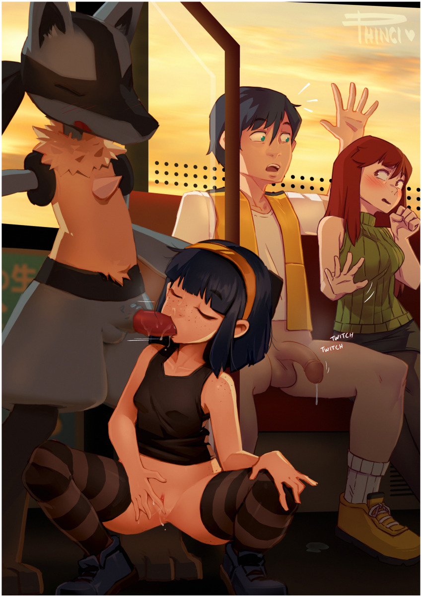 2boys 2girls absurdres artist_name bare_shoulders bench black_hair black_skirt black_tank_top black_thighhighs blue_eyes blue_footwear blunt_bangs blunt_ends blush bob_cut body_freckles border bottomless breasts brother_and_sister clenched_hand closed_eyes cloud cloudy_sky collarbone commentary cum cumdrip dripping dusk english_commentary eye_contact fellatio female_masturbation flaccid freckles furry furry_male furry_with_non-furry gen_4_pokemon green_sweater grey_thighhighs hair_between_eyes hair_over_shoulder hairband hand_on_own_crotch hand_on_own_knee hand_up hetero highres interspecies kasia_mikolajczyk_(silverfox442) long_hair looking_at_another lucario masturbation medium_breasts miniskirt multiple_boys multiple_girls nintendo notice_lines on_bench open_mouth oral original penis phinci pokemon pokephilia public_indecency public_nudity pussy pussy_juice red_hair ribbed_sweater saliva shirt shoes siblings signature sitting skirt sky sleeveless sleeveless_sweater sleeveless_turtleneck small_breasts sneakers spread_fingers spread_legs squatting striped_clothes striped_thighhighs sunset sweater tank_top teeth testicles thighhighs train_interior turtleneck two-tone_shirt uncensored upper_teeth_only very_long_hair vest white_border white_shirt wide_spread_legs yellow_hairband yellow_shoes yellow_vest