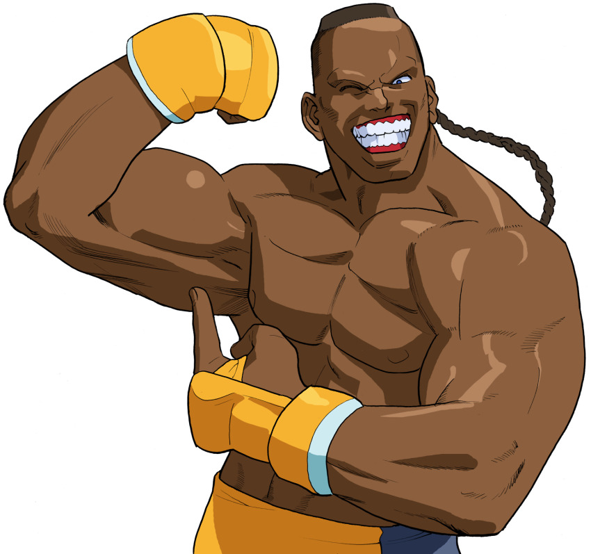 1boy bengus braid brown_hair crew_cut dark_skin dee_jay fingerless_gloves flexing game_cg gloves grin highres looking_at_viewer male_focus mma_gloves muscular muscular_male no_eyebrows non-web_source official_art one_eye_closed open_mouth pointing pointing_at_self portrait short_hair simple_background smile solo street_fighter street_fighter_zero_(series) teeth thumbs_up topless_male upper_body white_background