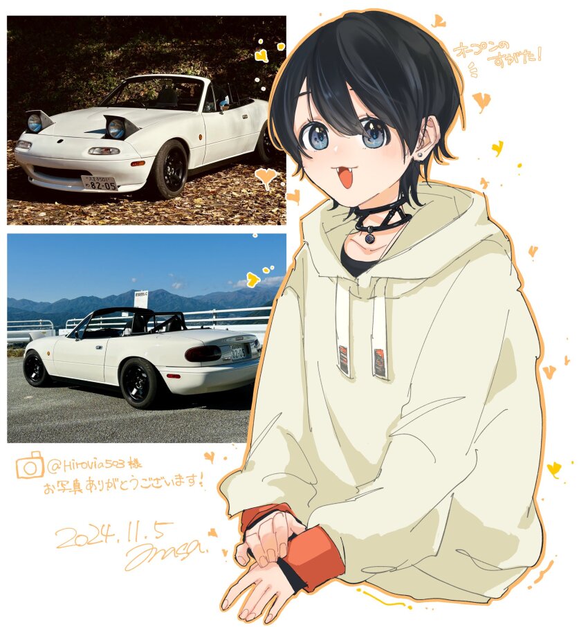 1girl :d black_choker black_hair car choker collarbone commentary dated earrings eunos_roadster fangs hand_on_own_wrist heart highres hood hood_down hoodie jewelry masa_(siriusu-koko) mazda mazda_mx-5 mazda_mx-5_na motor_vehicle open_mouth original personification pop-up_headlights reference_inset short_hair smile solo symbol-only_commentary translation_request twitter_username upper_body vehicle_and_personification yellow_hoodie