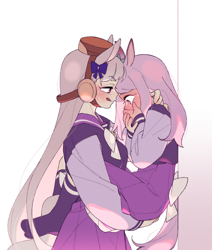 2girls after_kiss against_wall animal_ears blush bow bowtie brown_hat covering_own_mouth ear_bow full-face_blush ggubii0225 gold_ship_(umamusume) grey_hair hat highres horse_ears horse_girl horse_tail leg_lock licking_lips lifting_person long_hair long_sleeves looking_at_another mejiro_mcqueen_(umamusume) multiple_girls purple_hair purple_shirt purple_skirt purple_socks red_eyes school_uniform shirt skirt socks standing sweatdrop tail tearing_up tongue tongue_out tracen_school_uniform umamusume white_background wide-eyed yuri
