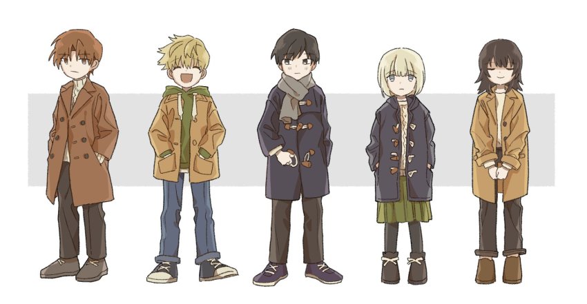 2girls 3boys ^_^ anklet black_footwear black_hair black_pants black_pantyhose blonde_hair blue_coat blue_eyes blue_footwear blue_pants blush bob_cut brown_coat brown_eyes brown_footwear brown_hair closed_eyes coat drawstring facing_viewer frown full_body green_hoodie green_skirt grey_footwear hands_in_pockets hatohara_mirai highres hiyami_aki hood hood_down hoodie inukai_sumiharu jewelry legs_apart lineup long_sleeves looking_at_viewer medium_hair multiple_boys multiple_girls nana_0253 ninomiya_masataka open_mouth own_hands_together pants pants_rolled_up pantyhose pleated_skirt sad shoes short_hair skirt sleeves_rolled_up smile sneakers standing sweater toggles tsuji_shinnosuke turtleneck turtleneck_sweater unbuttoned v_arms white_background winter_clothes winter_coat world_trigger