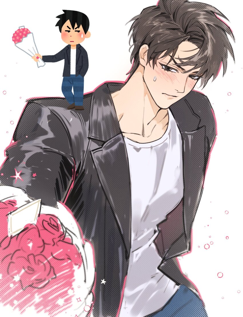 1boy black_hair black_jacket blue_pants blush bouquet brown_eyes chohyojeong closed_mouth collarbone commentary crew_neck denim flower hair_behind_ear hashtag-only_commentary highres holding holding_bouquet irasutoya irasutoya_challenge jacket jeans lapels leather leather_jacket male_focus notched_lapels open_clothes open_jacket pants parted_hair red_flower reference_inset shirt short_hair solo standing sweatdrop t-shirt white_background white_shirt