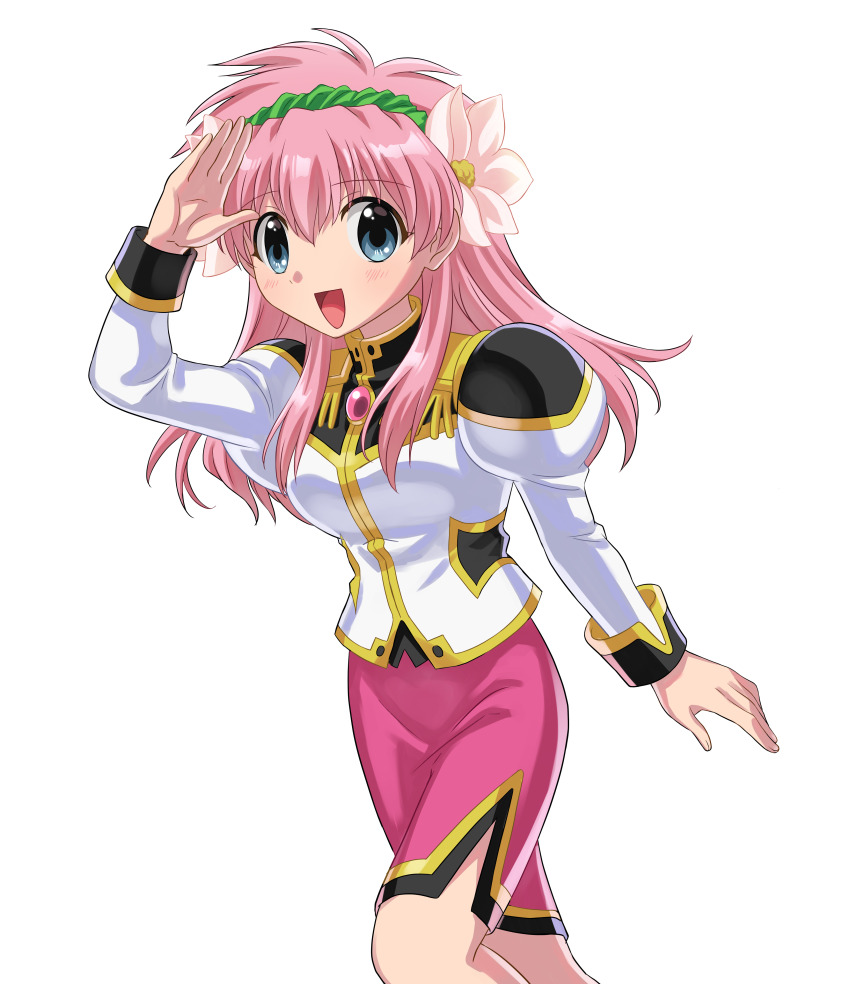 1girl absurdres arm_up blue_eyes breasts cowboy_shot flower galaxy_angel green_hairband hair_flower hair_ornament hairband highres kitaru long_hair long_sleeves looking_at_viewer medium_breasts milfeulle_sakuraba military_uniform monocle monocle_chain open_mouth pencil_skirt pink_hair pink_skirt salute skirt smile solo white_background