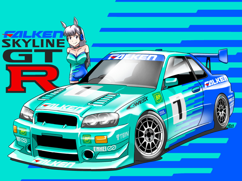 animal_ears aqua_car bare_shoulders black_choker black_gloves breasts car choker cleavage collarbone elbow_gloves enkei falken_tire gloves gold_ship_(umamusume) grey_hair highres horse_ears logo long_hair medium_breasts motor_vehicle nissan nissan_skyline nissan_skyline_gt-r nissan_skyline_r34 noerartworks purple_eyes race_queen race_vehicle racecar shadow smile spoiler_(automobile) sponsor strapless_bodysuit super_taikyu umamusume vehicle_focus vehicle_name