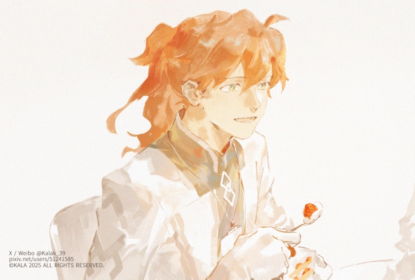 1boy cake cake_slice chaldea_logo copyright_name copyright_notice fate/grand_order fate_(series) food fruit gloves green_eyes holding holding_spoon id_card kalak_39 long_sleeves looking_at_another orange_hair pixiv_username ponytail romani_archaman shirt signature smile spoon strawberry strawberry_cake teeth twitter_username white_background white_gloves