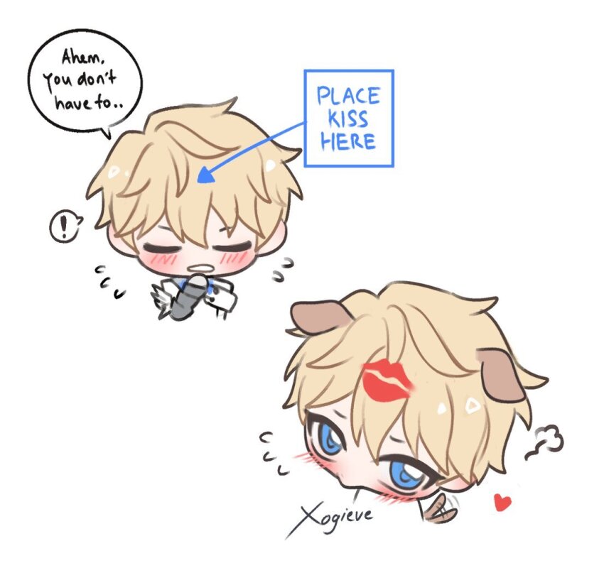 ! 1boy animal_ears artist_name blonde_hair blue_eyes blush chibi clenched_teeth commentary dog_boy dog_ears dog_tail english_commentary english_text flying_sweatdrops gepard_landau gi_(xogieve) heart honkai:_star_rail honkai_(series) kemonomimi_mode lipstick_mark_on_forehead lipstick_mark_on_hair looking_at_viewer male_focus meme multiple_views no_nose place_lips_here_(meme) short_hair simple_background spoken_exclamation_mark tail tail_wagging teeth white_background