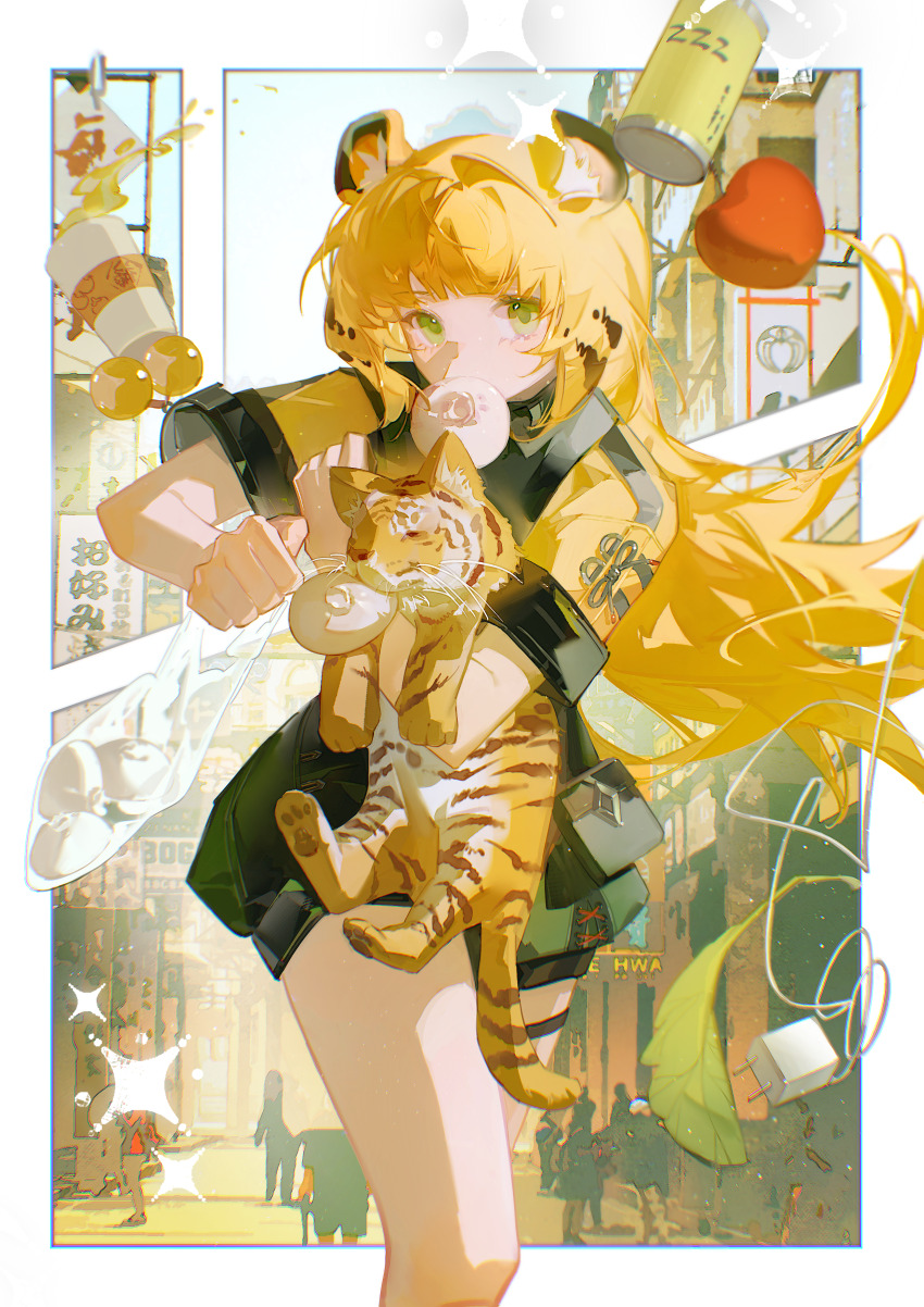 1girl absurdres animal_ear_fluff animal_ears blonde_hair fingerless_gloves gloves green_eyes highres ju_fufu long_hair looking_at_viewer multicolored_hair sceed shirt shorts solo tail tiger_ears tiger_girl tiger_tail zenless_zone_zero