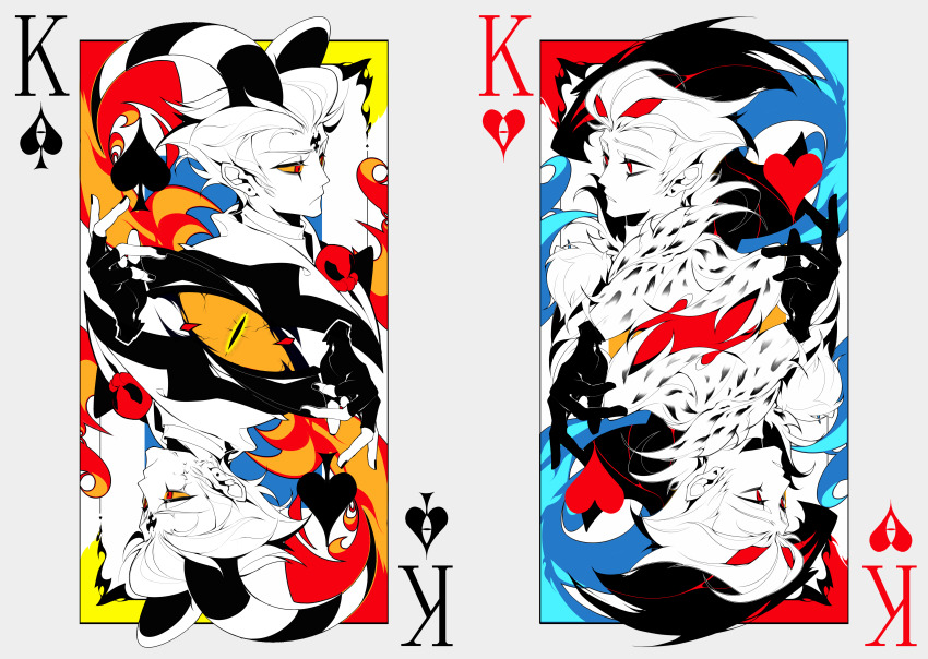 2boys absurdres animal_ears black_feathers blitzo_(helluva_boss) card demon_boy demon_horns extra_eyes feathers helluva_boss highres horns multiple_boys red_eyes zhu_xing_pupupu