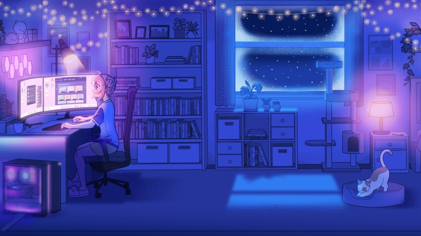 1girl animal_slippers bed cabinet cat cat_stretch commentary computer computer_keyboard computer_mouse cup dark desk desk_lamp double_bun english_commentary from_side hair_bun highres holding_computer_mouse indoors lamp monitor multiple_monitors nemupan night official_art on_chair pink_hair plant potted_plant shelf shirt short_hair short_sleeves shorts sidelocks sitting slippers solo steam_(platform) steam_delivery_girl stretching stuffed_animal stuffed_toy white_shirt white_slippers window yellow_shorts