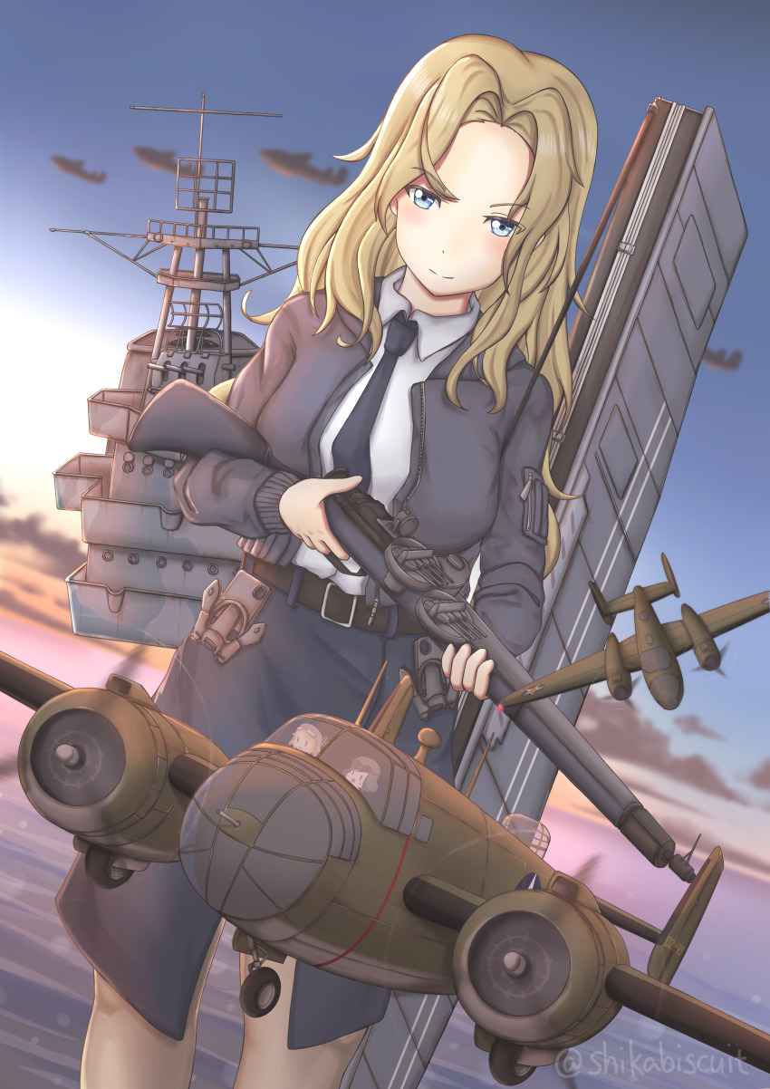3girls absurdres aircraft airplane anchor b-25_mitchell belt black_belt black_necktie black_pantyhose black_skirt blonde_hair blue_eyes bolt_action bomber bomber_jacket breasts day fairy_(kancolle) gun highres holding holding_gun holding_weapon hornet_(kancolle) jacket kantai_collection large_breasts long_hair looking_at_viewer m1903_springfield military military_vehicle mini_person minigirl multiple_girls necktie outdoors pantyhose pencil_skirt rifle rigging shikabiscuit shirt skirt sleeveless sleeveless_shirt smile weapon white_shirt