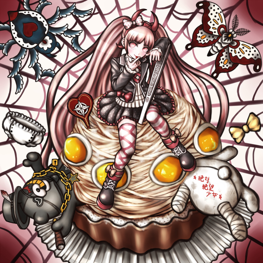 1girl black_footwear black_jacket blush bow bug butterfly chain child cigar collared_shirt danganronpa_(series) danganronpa_another_episode:_ultra_despair_girls ears egg fake_horns fingernails frilled_skirt frills full_body gold_chain hairband headband heart highres horned_headwear horns insect jacket japanese_text kurokuma_(danganronpa) long_hair long_sleeved_jacket long_sleeves looking_at_viewer matching_hair/eyes multicolored_background nose official_style oyume pink_eyes pink_footwear pink_hair pink_hairband pink_headband pink_headwear pink_horns pink_stripes polka_dot polka_dot_bow red_background shirokuma_(danganronpa) shirt silk simple_background sitting skirt spider spider_web striped_clothes striped_thighhighs tagme thighhighs tongue tongue_out twintails utsugi_kotoko white_background white_shirt white_stripes yellow_bow