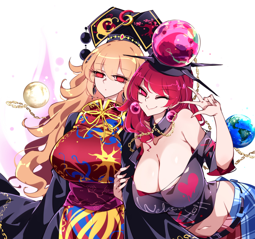 2girls bare_shoulders beads belt black_belt black_choker black_dress black_hat black_shirt blue_skirt breasts chain chinese_clothes choker cleavage closed_mouth clothes_writing collarbone cowboy_shot crescent crescent_hat_ornament dalachi_(headdress) dress earrings earth_(ornament) energy eyelashes fingernails floral_print gem gold_chain hair_between_eyes hand_up hat hat_ornament heart heart_print hecatia_lapislazuli highres huge_breasts jewelry junko_(touhou) large_breasts long_fingernails long_hair long_sleeves looking_at_viewer mandarin_collar medium_hair midriff moon_(ornament) multicolored_skirt multiple_girls navel neck_ribbon off-shoulder_shirt off_shoulder one_eye_closed orange_hair phoenix_print pink_eyes plaid_clothes plaid_skirt pointy_ears purple_belt raptor7 red_eyes red_gemstone red_hair red_skirt red_tabard ribbon shirt short_sleeves skirt smile standing t-shirt tabard tassel touhou underworld_(ornament) w wavy_hair wide_sleeves yellow_ribbon