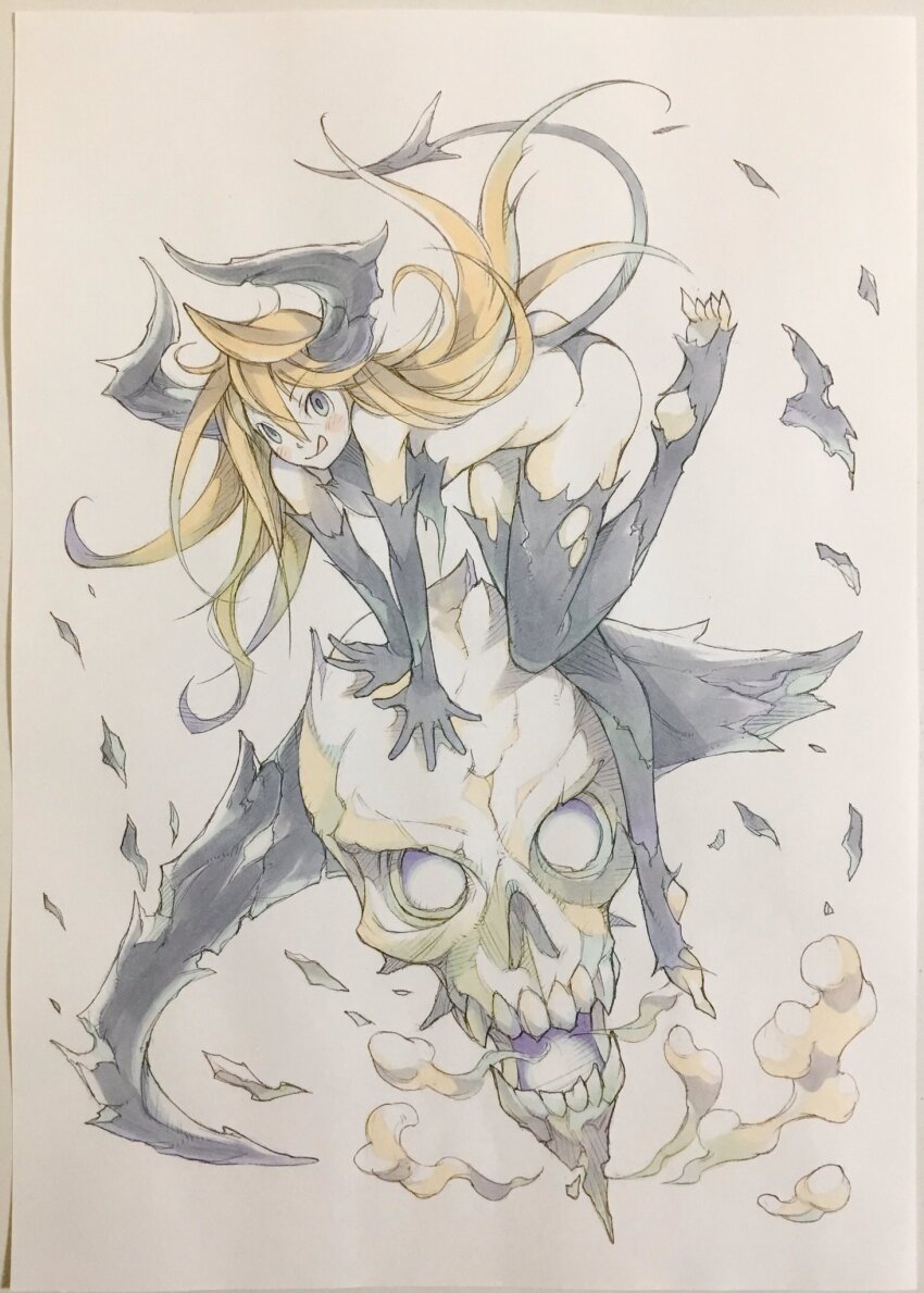 1girl :q ass bikini bikini_bottom_only black_bikini black_eyes black_gloves black_shirt black_thighhighs blonde_hair breath broken_horn closed_mouth commentary_request crop_top demon_girl demon_horns demon_tail elbow_gloves gloves hair_between_eyes highres horns long_hair looking_at_viewer open_mouth original peter_salt sharp_toenails shirt skull smile string_bikini swimsuit tail thighhighs toenails tongue tongue_out torn_clothes torn_gloves torn_shirt torn_thighhighs traditional_media very_long_hair white_eyes