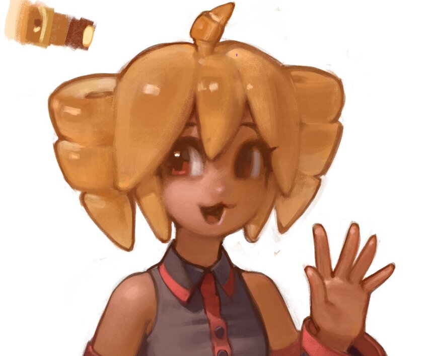 1girl :3 ahoge alternate_hair_color bare_shoulders bread bread_hair brown_eyes brown_hair croissant drill_hair food kasane_teto kasane_teto_(utau) looking_to_the_side rainbowdeww red_trim solo twin_drills upper_body utau waving white_background