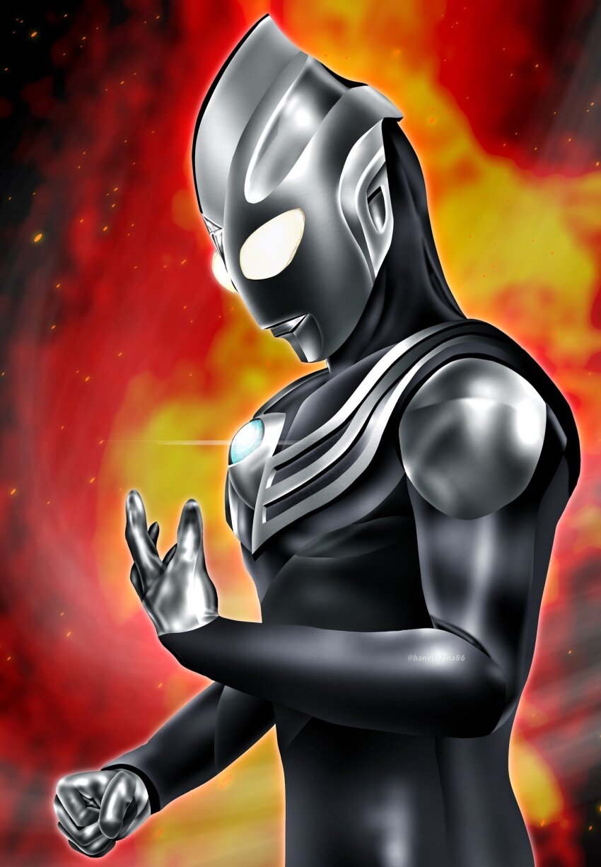 1boy alien armor black_background black_skin breastplate clenched_hand color_timer colored_skin commentary compound_eyes crystal dark_persona dorsal_fin fiery_background fire forehead_jewel from_side glowing glowing_eyes grey_skin hand_on_own_chest hand_up hanejidyna86 head_down highres light_particles looking_down male_focus multicolored_skin pectorals solo tokusatsu ultra_series ultraman_tiga ultraman_tiga:_the_final_odyssey ultraman_tiga_(series) ultraman_tiga_(tiga_dark) upper_body white_eyes wrinkled_skin