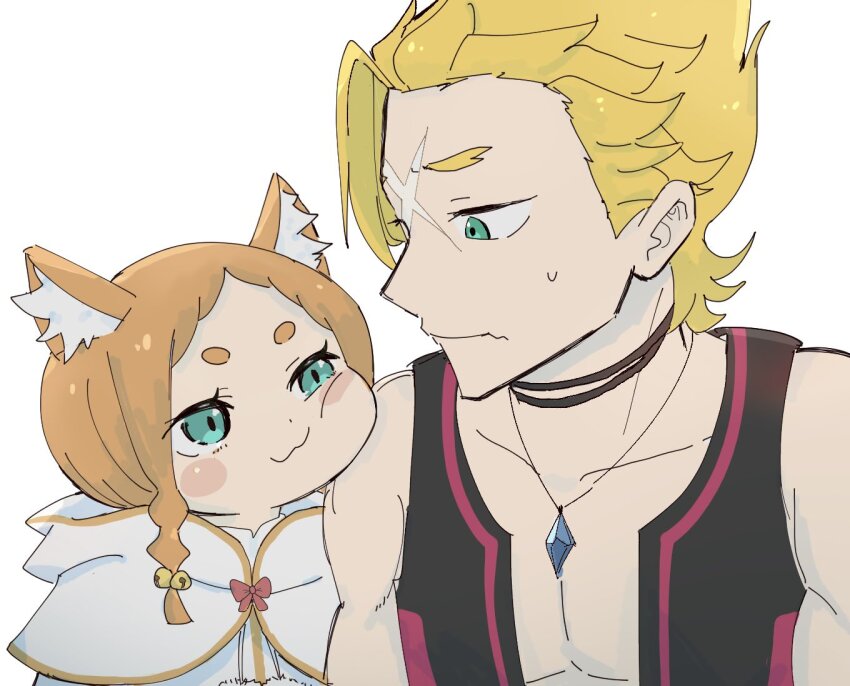 1boy 1girl :3 animal_ear_fluff animal_ears bell black_vest blonde_hair blue_gemstone blush_stickers braid capelet cat_ears cat_tail cheek_squash commentary_request cross_scar fkq7jl garfiel_tinsel gem green_eyes hair_bell hair_ornament jewelry looking_at_another mimi_pearlbaton necklace orange_hair re:zero_kara_hajimeru_isekai_seikatsu scar short_hair simple_background smile sweatdrop tail thick_eyebrows upper_body vest white_background white_capelet