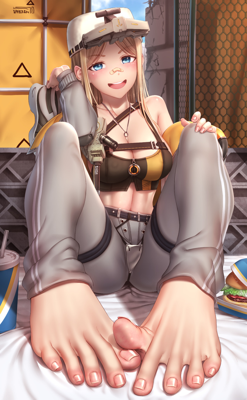 1girl bandaid bandaid_on_face bandaid_on_nose barefoot blue_eyes blush breasts burger centi_(nikke) feet fingernails food goddess_of_victory:_nikke grey_pants hand_on_own_knee hat highres holding_shoe looking_at_viewer open_mouth pants solo spread_toes teeth toenails toes unworn_shoes upper_teeth_only yui_hiroshi