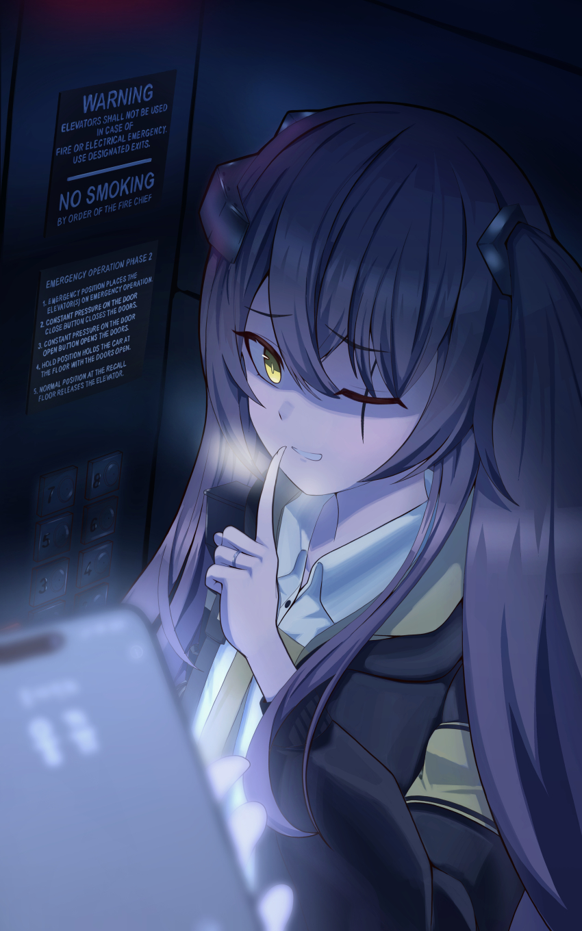 1girl 1other absurdres armband black_jacket cellphone clenched_hand collarbone commentary_request crossed_bangs dress_shirt elevator finger_to_mouth girls&#039;_frontline grey_hair hair_between_eyes highres holding holding_phone indoors jacket jewelry long_hair looking_at_viewer mechanical_arms necktie one_eye_closed phone ring scar scar_across_eye scar_on_face shirt shushing side_ponytail single_mechanical_arm smartphone smile smirk solo taylor_(41848077) teeth ump45_(girls&#039;_frontline) ump45_(mod3)_(girls&#039;_frontline) wedding_ring white_shirt yellow_armband yellow_eyes yellow_necktie