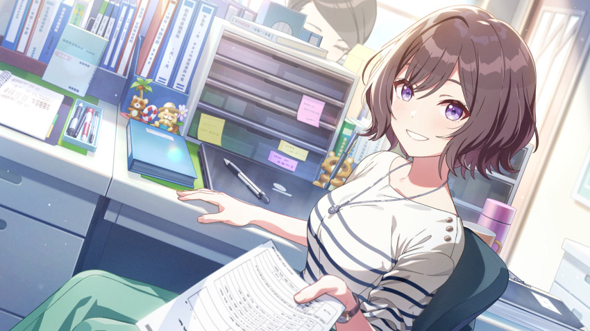 animal blue_eyes brown_hair chair closed_eyes cup desk gakuen_idolmaster game_cg grin highres holding idolmaster necktie neo_asari official_art palm_tree paper pen sitting smile sticky_note striped_clothes tree