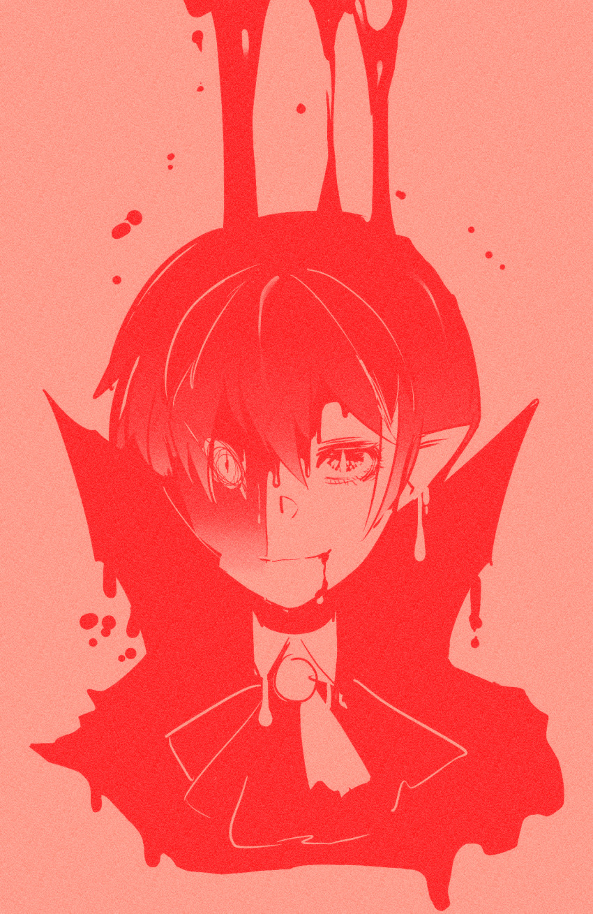 1boy ascot blood blood_on_face cape closed_mouth collared_shirt highres library_of_ruina long_sleeves looking_at_viewer madotsuki_ren male_focus mask_over_one_eye melting multicolored_hair nosferatu_(project_moon) pointy_ears project_moon red_theme shirt smile solo streaked_hair vampire