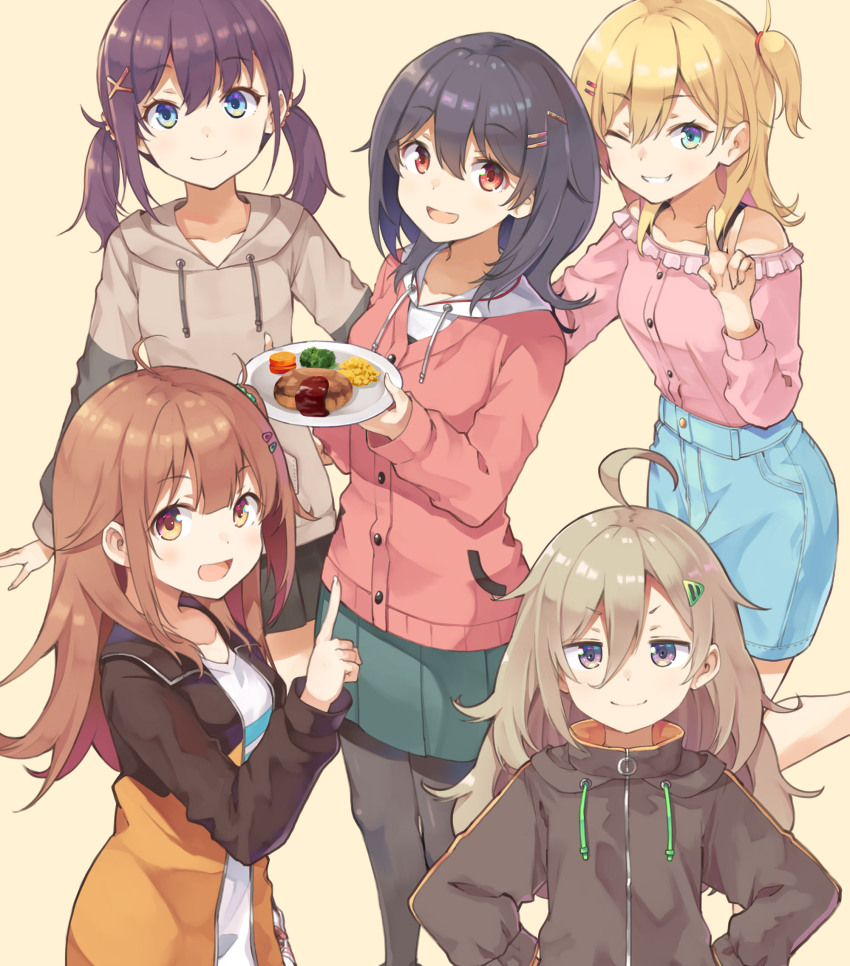 5girls :d ;d ahoge aqua_shorts artist_request black_hair blonde_hair breasts broccoli brown_background brown_eyes brown_hair brown_hoodie brown_jacket brown_pantyhose brown_skirt buttons cardigan collarbone denim denim_shorts dot_nose drawstring food frilled_shirt frills furutachi_kurea green_scrunchie green_skirt grin hair_between_eyes hair_ornament hair_scrunchie hair_tie hairclip hairpin hands_on_own_hips hibi_wa_sugiredo_meshi_umashi higa_tsutsuji highres holding holding_food holding_plate hood hoodie hoshi_nana index_finger_raised jacket kawai_mako long_hair long_sleeves looking_at_viewer low_twintails medium_breasts medium_hair miniskirt multicolored_eyes multicolored_jacket multiple_girls multiple_hair_clips multiple_hairpins off-shoulder_shirt off_shoulder official_art ogawa_shinon one_eye_closed one_side_up open_clothes open_jacket open_mouth orange_jacket pantyhose pink_shirt plate pleated_skirt purple_hair red_cardigan red_eyes red_scrunchie sauce scrunchie shirt shirt_tucked_in shorts sidelocks simple_background skirt smile standing standing_on_one_leg twintails two-tone_hoodie two-tone_jacket v v-neck white_hoodie white_shirt x_hair_ornament