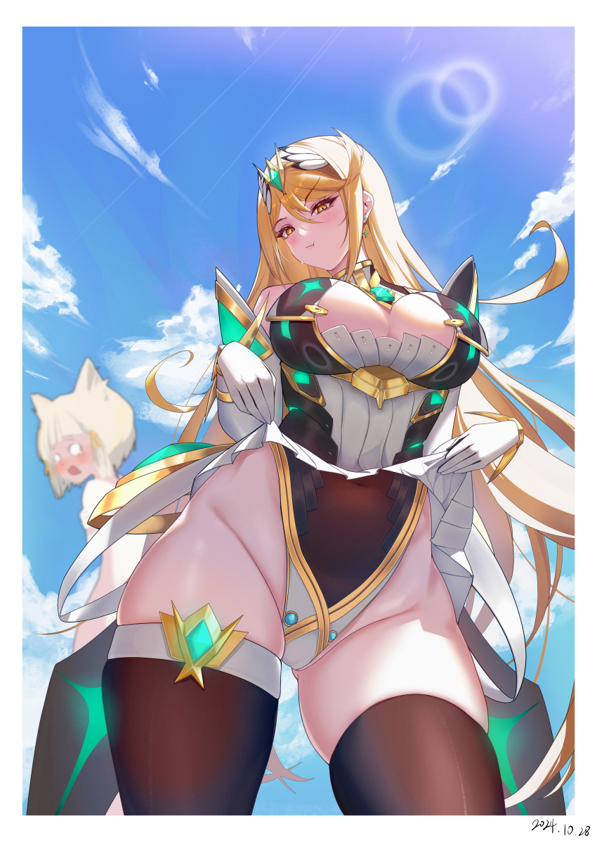 2girls absurdres animal_ears bare_shoulders blonde_hair blush breasts cat_ears chest_jewel cleavage cleavage_cutout clothing_cutout cloud core_crystal_(xenoblade) day dress earrings frost.37 gem gloves headpiece highres jewelry large_breasts long_hair looking_at_viewer microdress multiple_girls mythra_(xenoblade) nia_(xenoblade) o_o revision short_hair surprised tiara upskirt very_long_hair xenoblade_chronicles_(series) xenoblade_chronicles_2 yellow_eyes