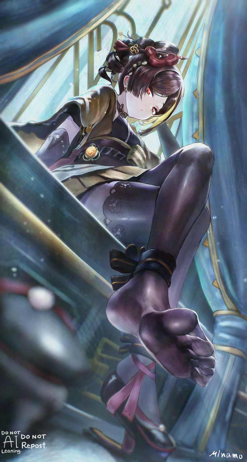 1girl absurdres brown_hair chiori_(genshin_impact) crossed_legs feet genshin_impact highres long_hair looking_at_viewer minamo_(edosei_edo) pantyhose red_eyes shoes soles toes unworn_shoes