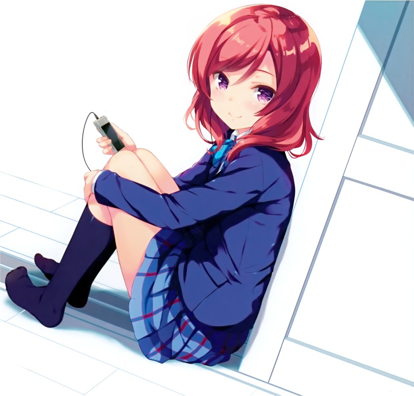 10s 1girl blush digital_media_player feet female_focus highres ipod love_live! love_live!_school_idol_project music nishikino_maki no_shoes ohara_tometa purple_eyes red_hair short_hair smile socks