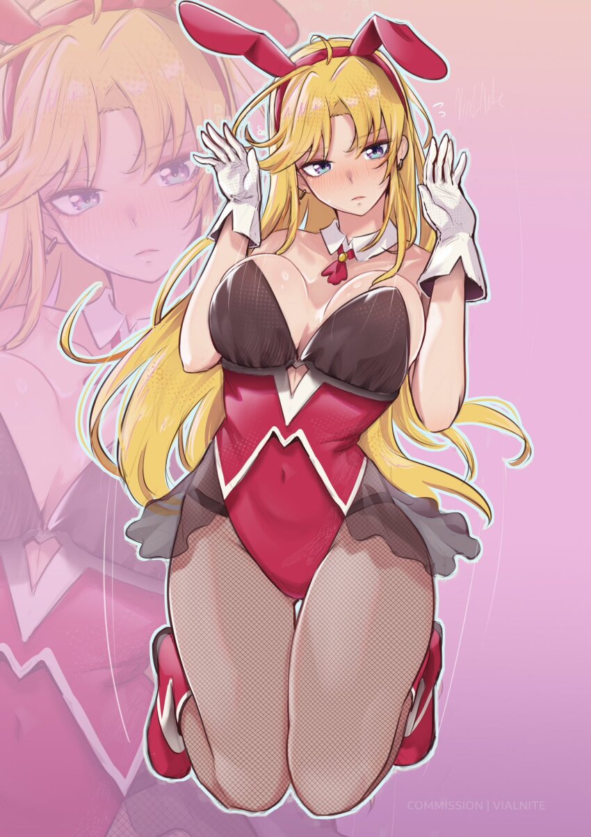 1girl animal_ears artist_name black_pantyhose blonde_hair blue_eyes blush breasts clarisse_(fire_emblem) closed_mouth collarbone commentary commission covered_navel detached_collar ear_piercing earrings embarrassed english_commentary eyebrows_hidden_by_hair fire_emblem fishnet_pantyhose fishnets gloves gluteal_fold highleg highleg_leotard highres jewelry kneeling large_breasts leotard looking_at_viewer nintendo pantyhose patreon_logo patreon_username piercing playboy_bunny rabbit_ears red_leotard red_shoes shoes sideboob solo standing strap vialnite white_gloves
