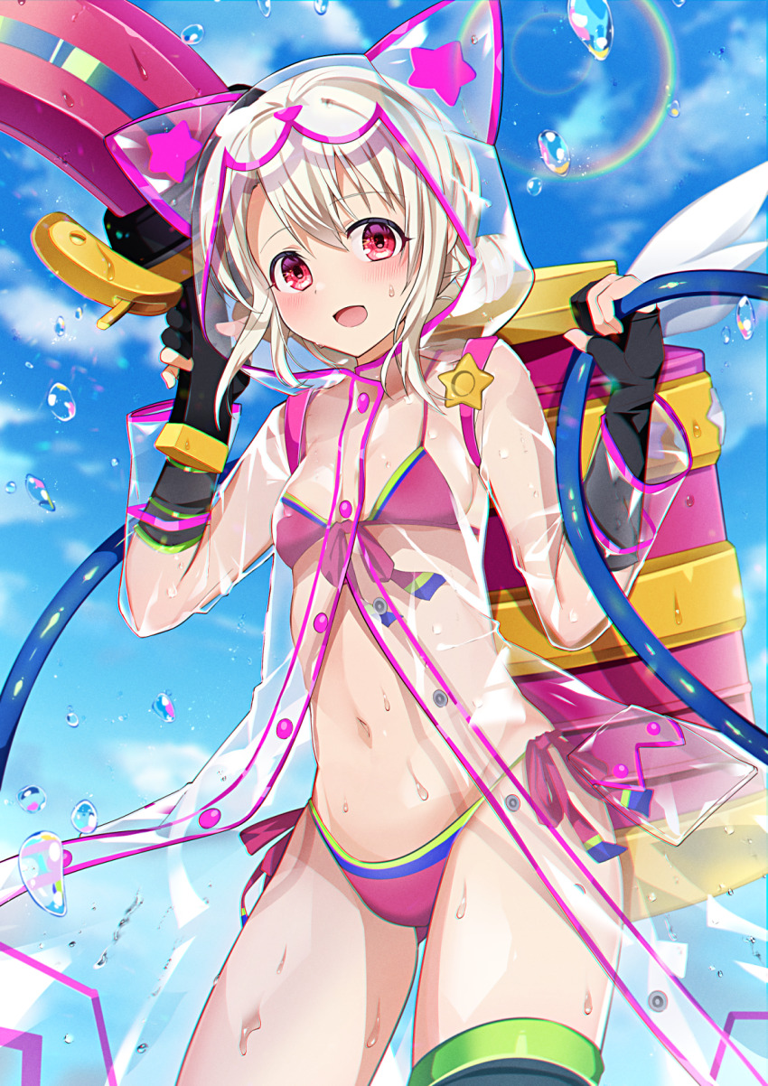 1girl animal_ears animal_hood bare_shoulders bikini black_gloves black_thighhighs blue_sky blush breasts cat_ears cat_hood collarbone double_bun fate/grand_order fate_(series) gloves hair_bun highres hood illyasviel_von_einzbern illyasviel_von_einzbern_(swimsuit_archer) illyasviel_von_einzbern_(swimsuit_archer)_(third_ascension) long_hair long_sleeves looking_at_viewer magical_ruby magical_ruby_(hose) magical_ruby_(hose)_(third_ascension) navel open_mouth partially_fingerless_gloves pink_bikini raincoat red_eyes see-through_clothes sidelocks sky small_breasts smile swimsuit thighhighs thighs tobio_(kuzuunko1) water_gun wet white_hair