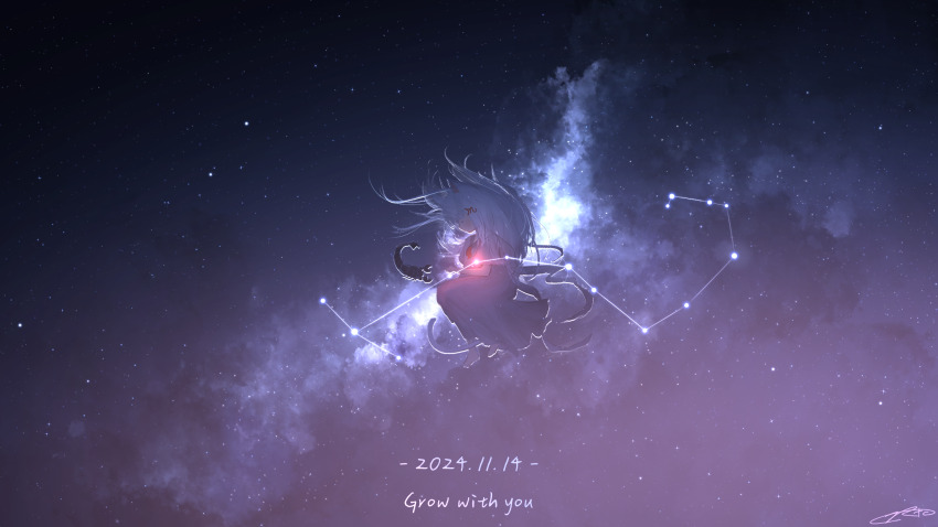 1girl constellation dated english_text fantasy floating_hair highres milky_way name_connection nebula night object_namesake original rune_xiao scenery scorpio_(symbol) scorpio_(zodiac) scorpion scorpius_(constellation) signature sky sky_focus space star_(sky) starry_sky zodiac