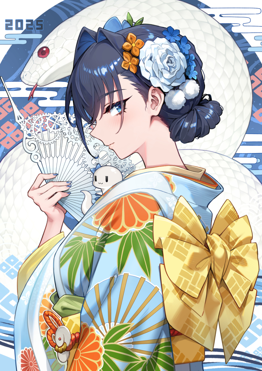 1girl 2025 blue_eyes blue_hair blue_kimono blue_nails boros_(ouro_kronii) duplicate fanged_bangs floral_print floral_print_kimono flower folding_fan from_side furisode hair_between_eyes hair_flower hair_intakes hair_ornament hand_fan hand_up hashtag-only_commentary highres holding holding_fan hololive hololive_english japanese_clothes kanzashi kimono light_smile looking_at_viewer nail_polish obi official_alternate_costume oopartz_yang ouro_kronii ouro_kronii_(new_year) pixel-perfect_duplicate pom_pom_(clothes) pom_pom_hair_ornament print_kimono sash short_hair snake solo tsumami_kanzashi upper_body virtual_youtuber yellow_sash
