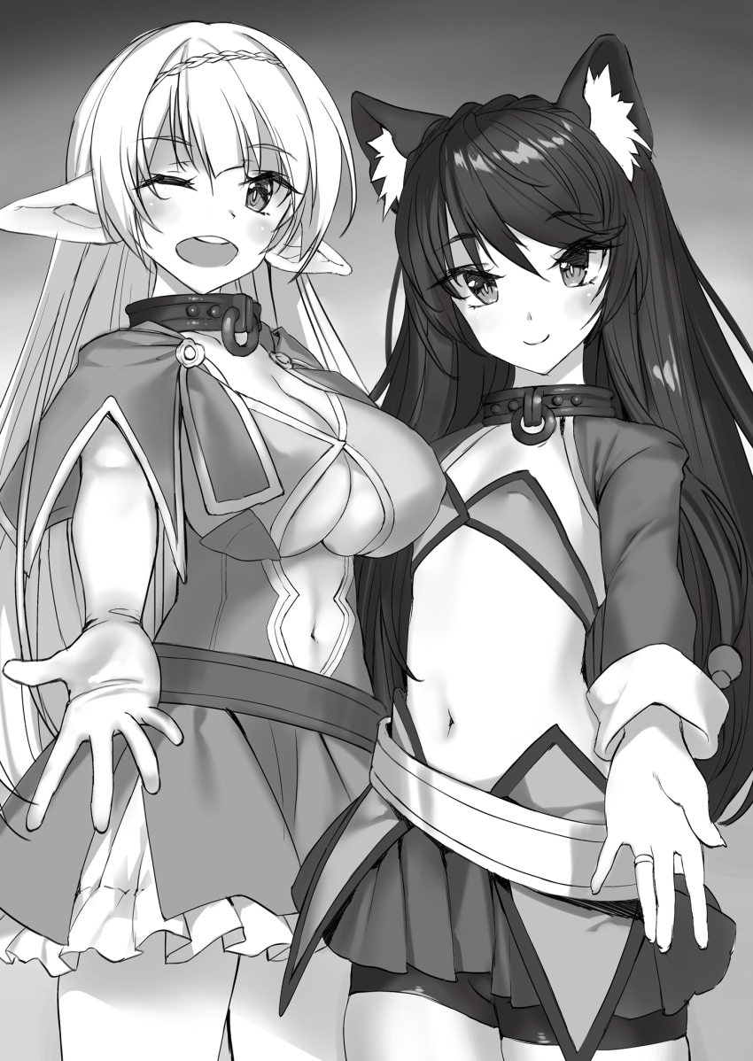 2girls :d animal_ear_fluff animal_ears bdsm belt bike_shorts bike_shorts_under_skirt blush breasts capelet cat_ears cat_girl cat_tail cleavage cleavage_cutout closed_mouth clothing_cutout collar covered_erect_nipples cowboy_shot dress elbow_gauntlets elf flat_chest gloves greyscale hair_between_eyes hairband highres isekai_maou_to_shoukan_shoujo_no_dorei_majutsu large_breasts loli long_hair long_sleeves looking_at_viewer metal_collar miniskirt monochrome multiple_girls navel navel_cutout novel_illustration o-ring_collar official_art one_eye_closed open_hand open_mouth outstretched_arm outstretched_hand pleated_skirt pointy_ears rem_galeu rem_galleu shera_l._greenwood short_dress side-by-side skirt slave sling_bikini_top smile spread_fingers standing straight_hair tail teeth third-party_source tsurime tsurusaki_takahiro upper_teeth_only very_long_hair