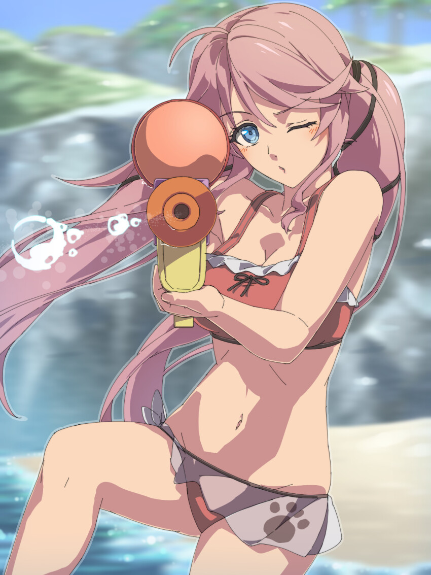 1girl ahoge aiming aiming_at_viewer beach bikini blue_eyes blurry blurry_background breasts chiharu_(9654784) cleavage eiyuu_densetsu firing floating_hair hair_between_eyes highres holding holding_water_gun kuro_no_kiseki kuro_no_kiseki_(series) kuro_no_kiseki_ii long_hair looking_at_viewer medium_breasts nadia_rayne navel ocean one_eye_closed outdoors parted_bangs pink_hair smile solo swimsuit twintails water water_gun
