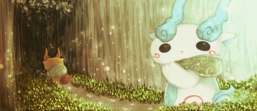 10s :&lt; abbreviated_karakusa bad_id bad_pixiv_id black_eyes brothers from_behind furoshiki grass highres komajirou komasan looking_back no_humans outdoors rurunankonanta siblings tree traditional_youkai youkai_watch