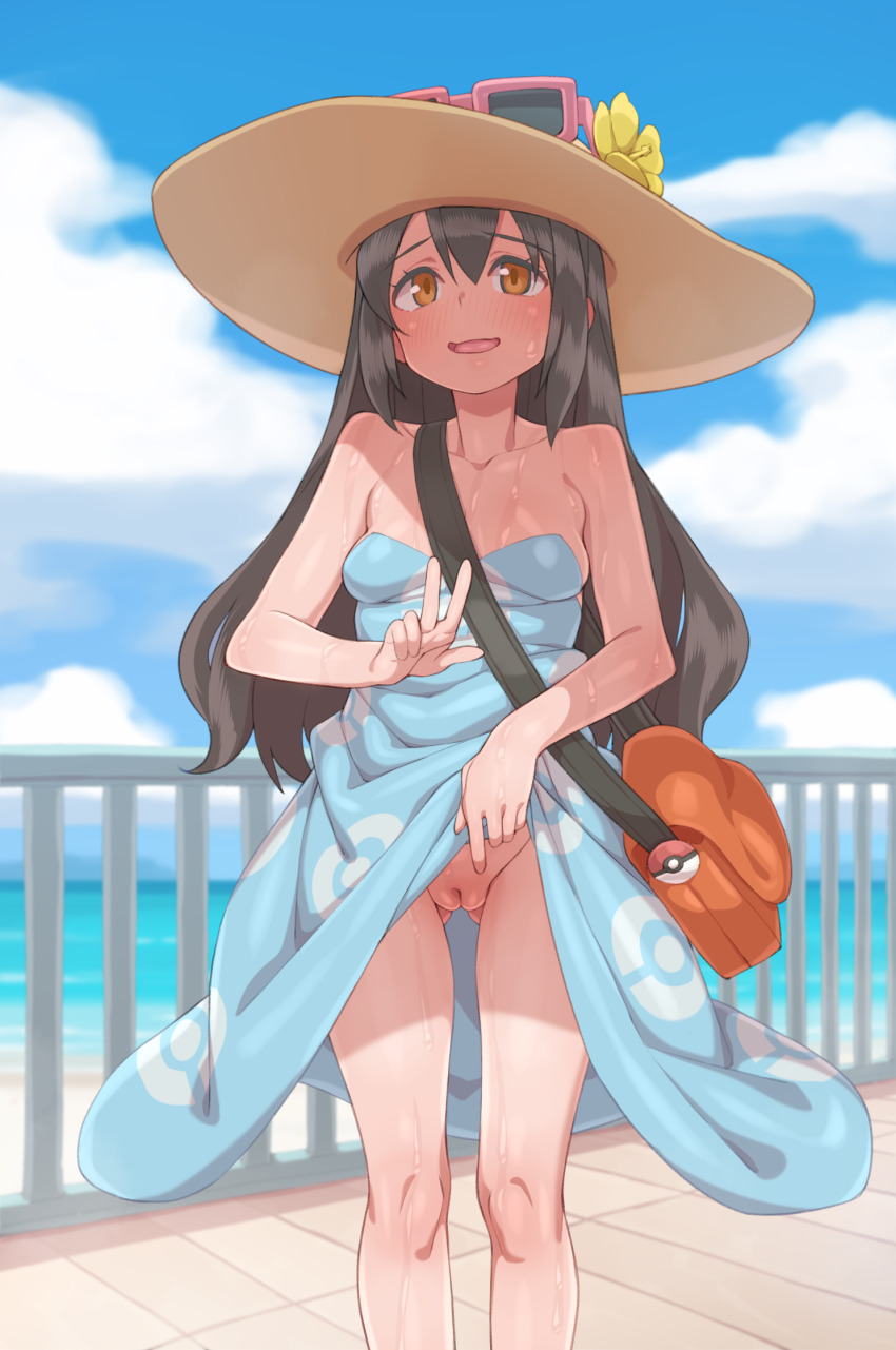 1girl bare_shoulders black_hair blue_dress blue_sky breasts brown_hat cleavage cleft_of_venus clothes_lift cloud commentary_request day dress dress_lift eyewear_on_headwear fat_mons flashing hat highres lifting_own_clothes looking_at_viewer medium_breasts nintendo no_panties outdoors pokemon pokemon_sm pussy sightseer_(pokemon) sky sleeveless sleeveless_dress smile solo standing sunglasses sweat tenako_(mugu77) w