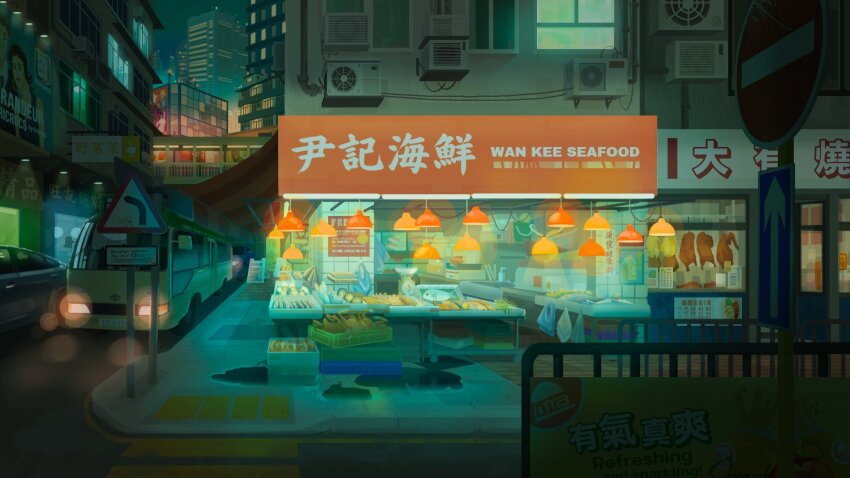 absurdly_detailed_composition architecture awning billboard building bus car chinese_text city city_lights cityscape complex_exterior crosswalk hanging_food highres hong_kong huiioper intersection market motor_vehicle night no_entry_sign no_humans original outdoors pavement power_lines railing road road_sign scenery shop sidewalk sign street traffic wide_shot