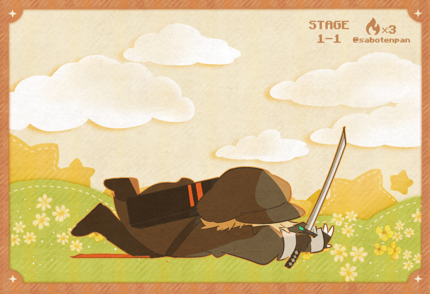 1boy arknights black_gloves black_hat black_jacket black_pants black_shoes border brown_border newsboy_cap chibi fallen_down fingerless_gloves flower full_body gloves hat highres holding holding_sword holding_weapon jacket katana light_brown_hair male_focus oonohara_kenya pants red_(npc)_(arknights) shoes solo star_(symbol) star_symbol_background sword weapon white_flower yellow_flower