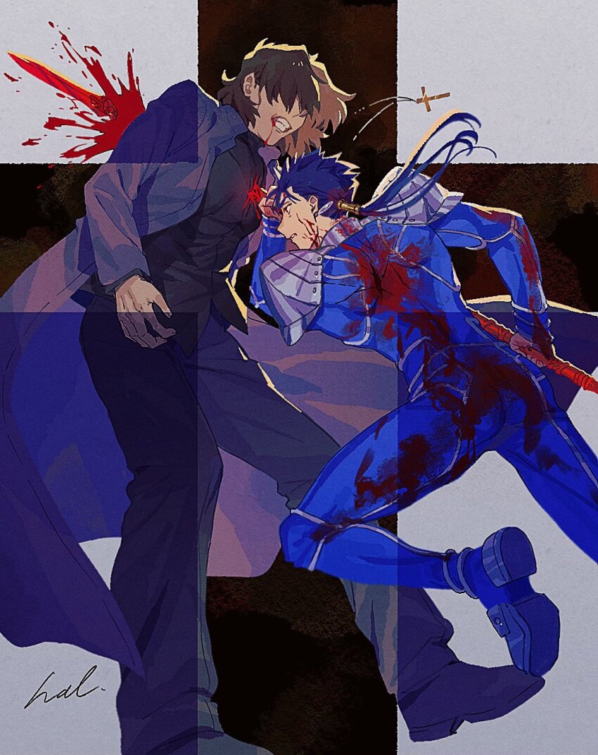 2boys armor black_footwear black_pants black_shirt blood blood_from_mouth blood_on_clothes blood_on_face bloody_weapon blue_bodysuit bodysuit brown_hair clenched_teeth cross cross_necklace cu_chulainn_(fate) cu_chulainn_(fate/stay_night) death duel fate/stay_night fate_(series) gae_bolg_(fate) hal_(haaaalhal) highres impaled injury jewelry kotomine_kirei male_focus multiple_boys necklace pants polearm shirt short_hair shoulder_armor signature spear steel-toe_boots teeth weapon