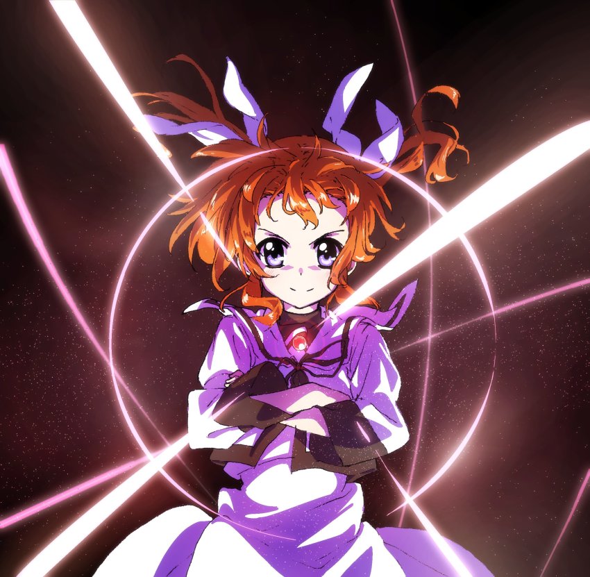 1girl bandana black_bandana bygddd5 closed_mouth commentary crossed_arms diffraction_spikes dress female_focus gunbuster_pose hair_ribbon highres light_particles long_dress long_sleeves looking_at_viewer lyrical_nanoha mahou_shoujo_lyrical_nanoha raising_heart raising_heart_(standby_mode) ribbon sailor_dress school_uniform seishou_elementary_school_uniform short_hair smirk solo standing takamachi_nanoha twintails v-shaped_eyebrows white_dress white_ribbon wind