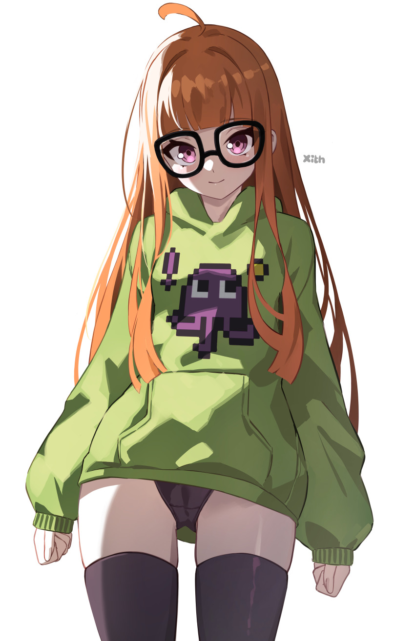1girl absurdres ahoge black-framed_eyewear black_panties black_thighhighs blunt_bangs breasts cowboy_shot glasses green_hoodie highres hood hoodie looking_at_viewer orange_hair panties persona persona_5 print_hoodie purple_eyes sakura_futaba simple_background small_breasts solo thighhighs underwear white_background x_xith_x