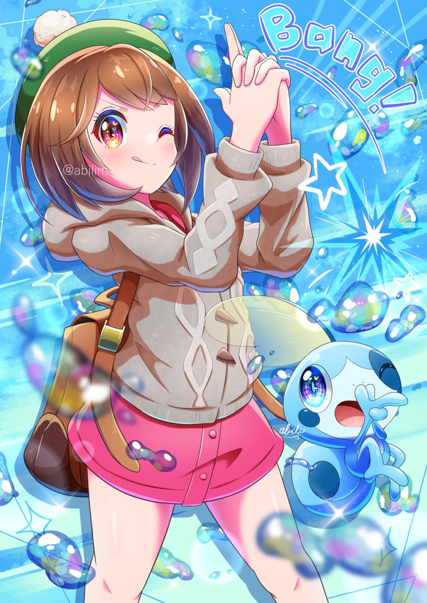 1girl absurdres backpack bag blurry blush bob_cut brown_bag brown_eyes brown_hair buttons cable_knit cardigan closed_mouth commentary_request dress finger_gun gen_8_pokemon gloria_(pokemon) green_headwear grey_cardigan hat highres hood hooded_cardigan motion_lines nintendo pink_dress pokemer pokemon pokemon_(creature) pokemon_swsh short_hair smile sobble tam_o&#039;_shanter tongue tongue_out water_drop