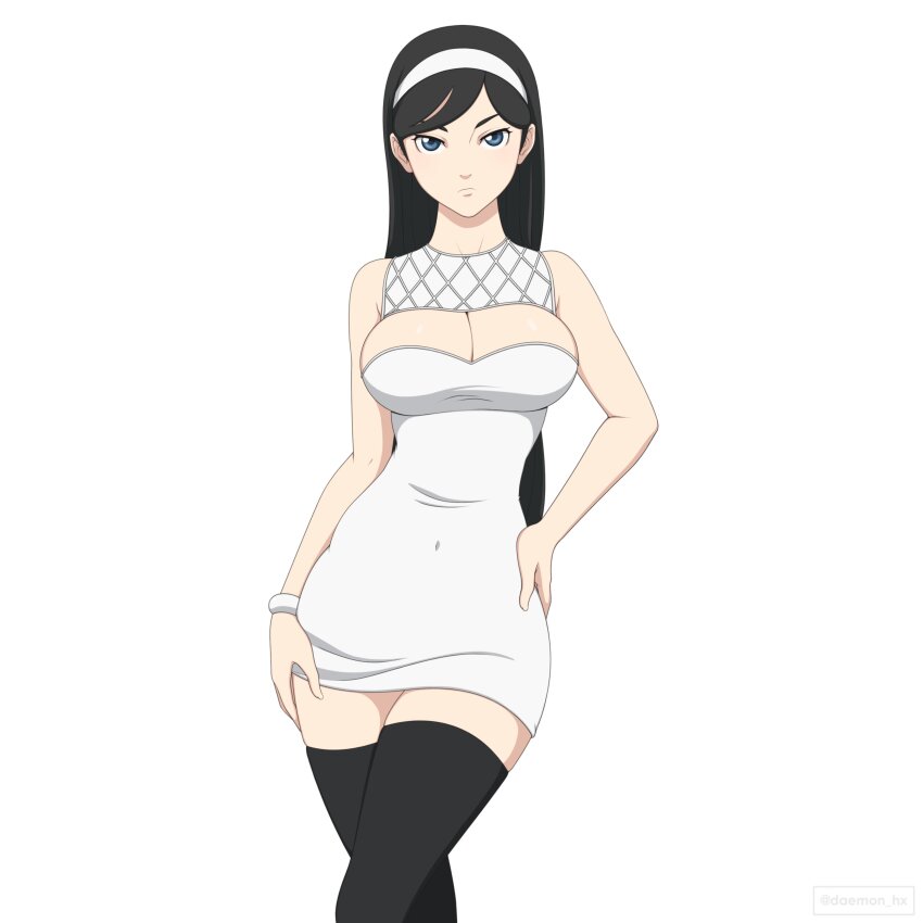 1girl absurdres black_hair black_thighhighs blue_eyes breasts cleavage daemonhx dress hairband highres kumashiro_maya large_breasts seikimatsu_occult_gakuin solo thighhighs white_dress